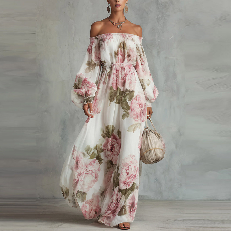 2026 New Cross-Border Independent Brand European and American Style Off-Shoulder Floral Chiffon Dress with Waist-Cinching and Large Hem for Vacation 2026 New Cross-Border Independent Brand European and American Style Off-Shoulder Floral Chiffon Dress with Waist-Cinching and Large Hem for Vacation