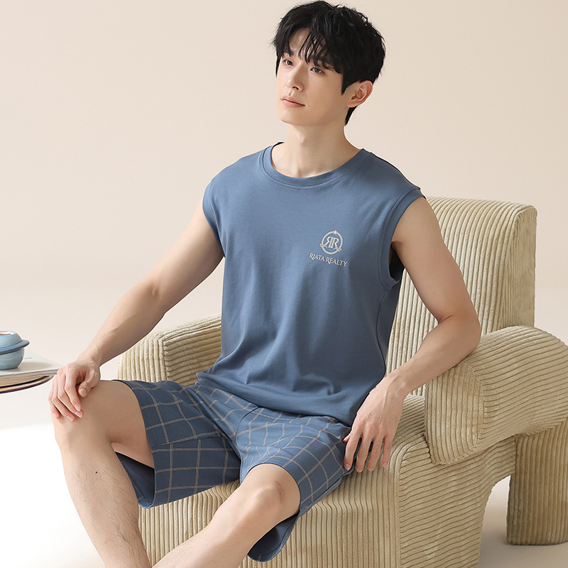 Men's Summer Pajamas, Thin Cotton Sleeveless Shorts, 2024 New Casual Men's Home Wear That Can Be Worn Outside