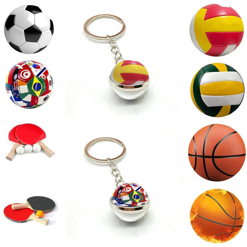 Cross-border New Products Basketball Football Volleyball Table Tennis Time Gem Keychain Double-sided Glass Ball Car Pendant