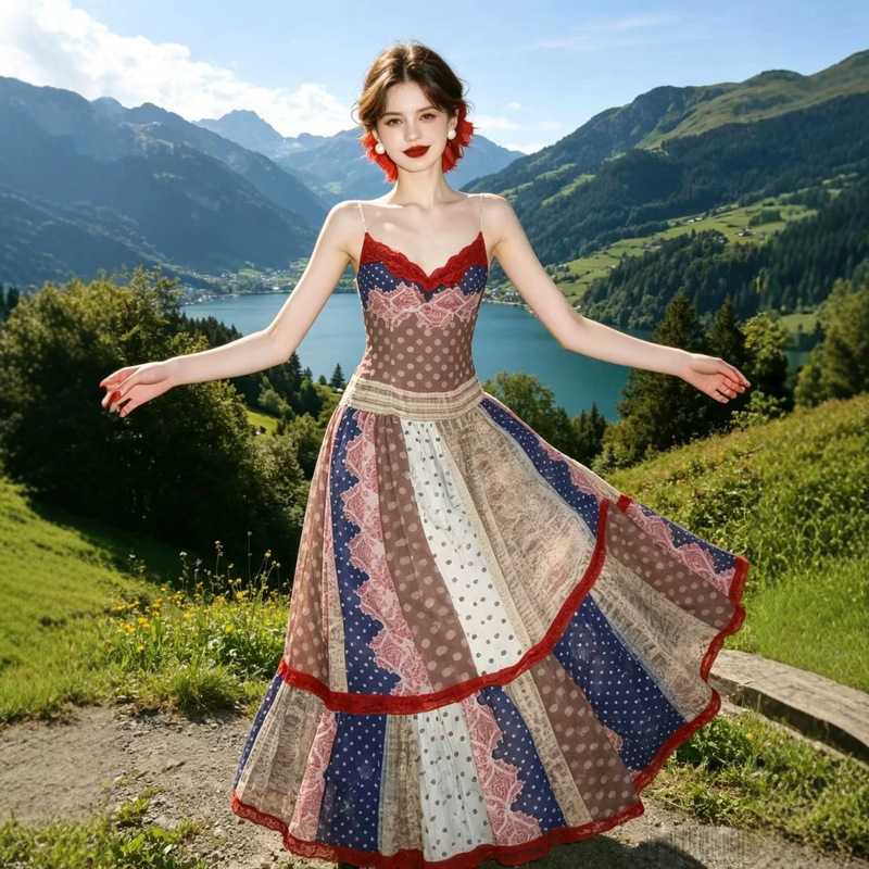 Niche Design Resort-Style Summer New Retro Print Patchwork Long Strap Dress Floral Sleeveless Long Dress Niche Design Resort-Style Summer New Retro Print Patchwork Long Strap Dress Floral Sleeveless Long Dress