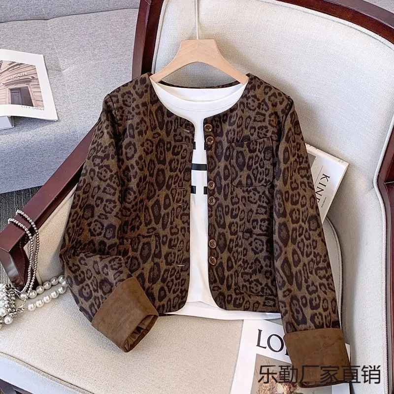 豹纹短款拼接圆领小香风外套女2025年春季新款美拉德高级感上衣夹