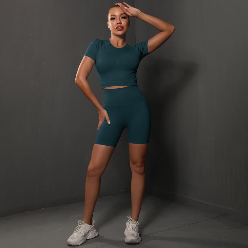 308g Weight Short Sleeve Sleeve Length Nylon, Nylon, Spandex Fabric Type Short Top Length Shorts Suits Pants Type Fitness, Yoga Occasion Round Neck Neckline Solid Color Pattern Sport Style Style Seamless Craft Sport Style Solid Color Nylon Nylon Spandex Round Neck Tracksuit Shorts Suits 44