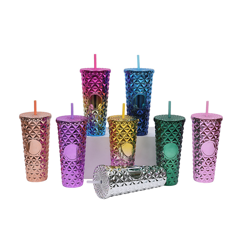 Venta caliente transfronteriza suministro directo de fábrica taza de cristal de galvanoplastia de doble capa taza de paja de plástico de doble capa 24oz taza de agua de gran capacidad