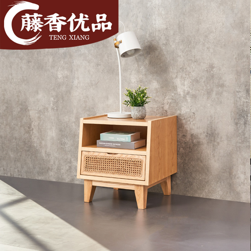 Simple Modern Light Luxury Bedside Table Free Installation Nordic Style ins Solid Wood Log Mini Rattan Storage Cabinet for Bedroom