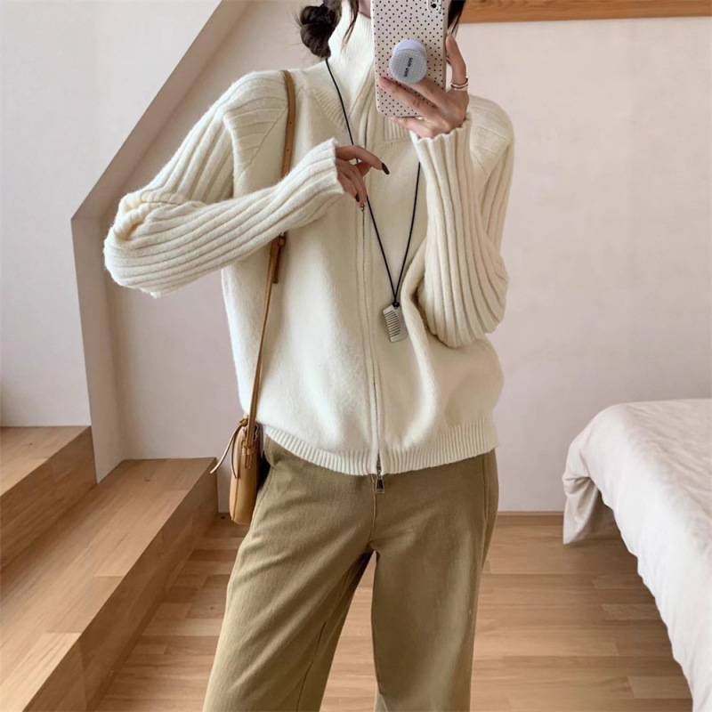 坑条毛衣外套女2025秋冬新款跨境韩系慵懒风宽松拉链针织开衫上衣|undefined