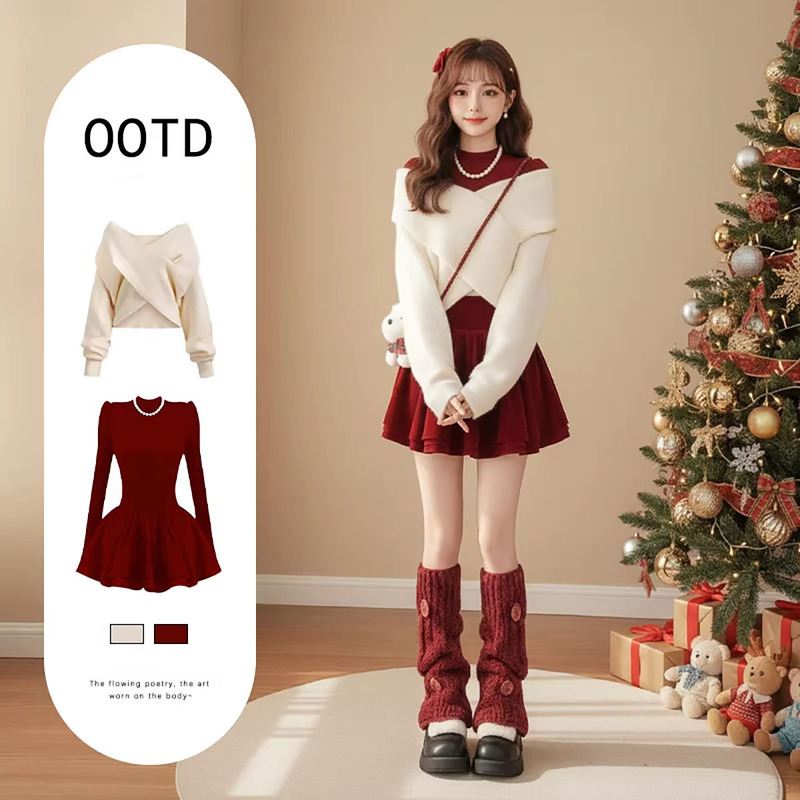[Free Socks] New Year's Outfit: Korean-Style Winter Dress Set for Women, Full Set of Skirt and Top, Little Chanel Style Suit