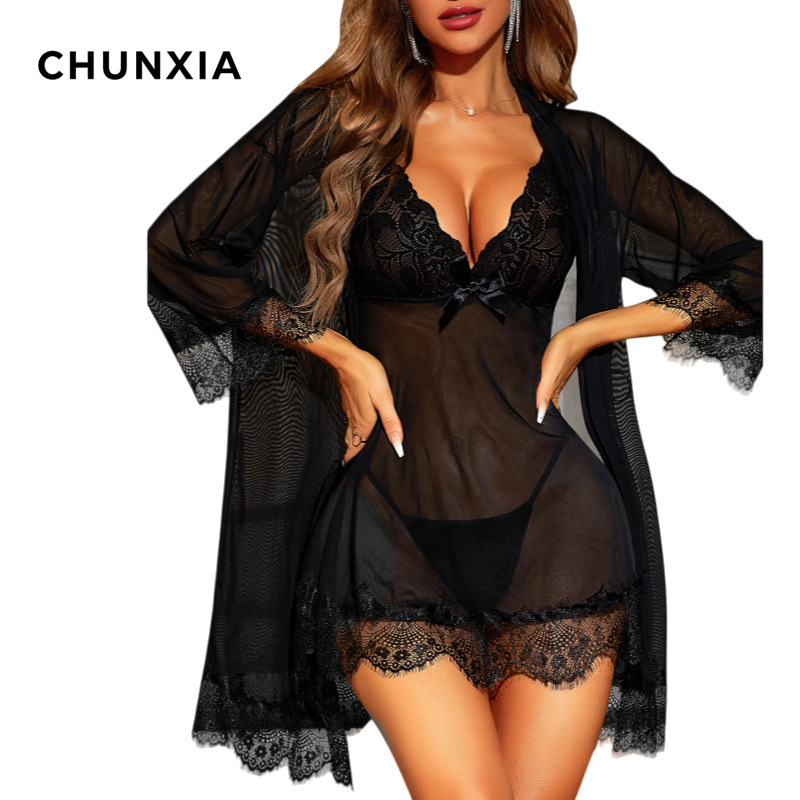 Cross-Border European and American Style Home Wear Lace Simple Casual Camisole Dress Women's V-Neck Sexy See-Through Nightdress Pure Desire Two-Piece Set