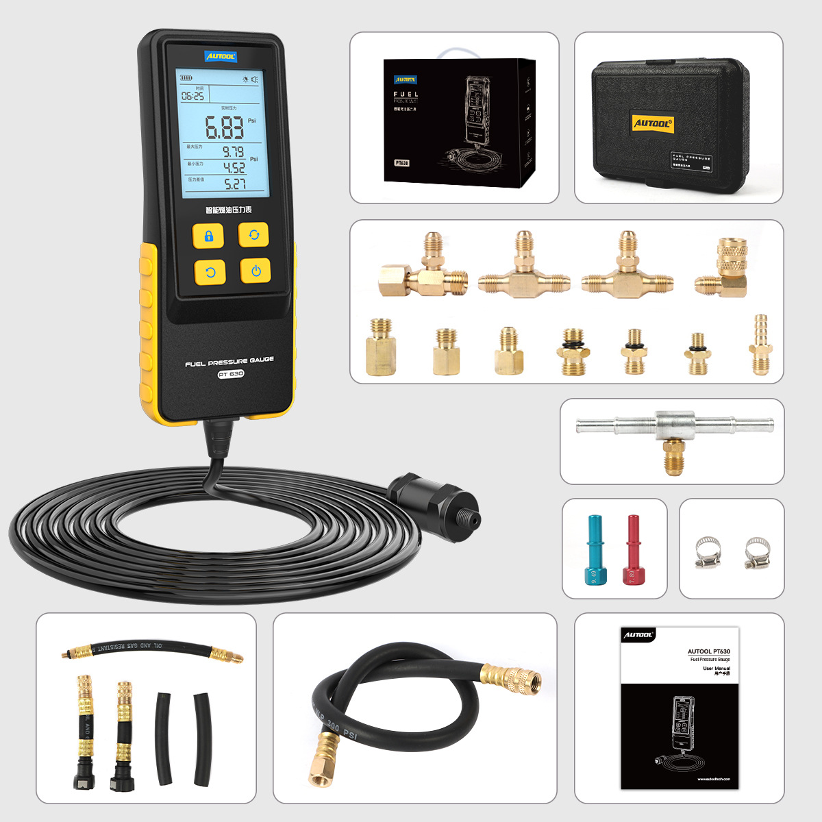 AUTOOL PT630 medidor de presión de combustible para automóvil herramienta de detección de presión de gasolina inyección de combustible pantalla digital inteligente