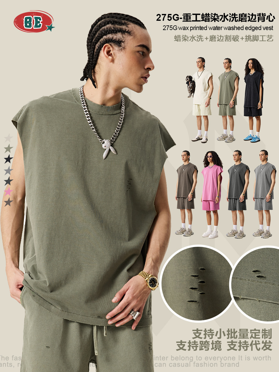 Be Hombres| 2025 verano compradores europeos y estadounidenses marca de moda desgastado algodón sin mangas agujero neutro chaleco de hombro para hombre