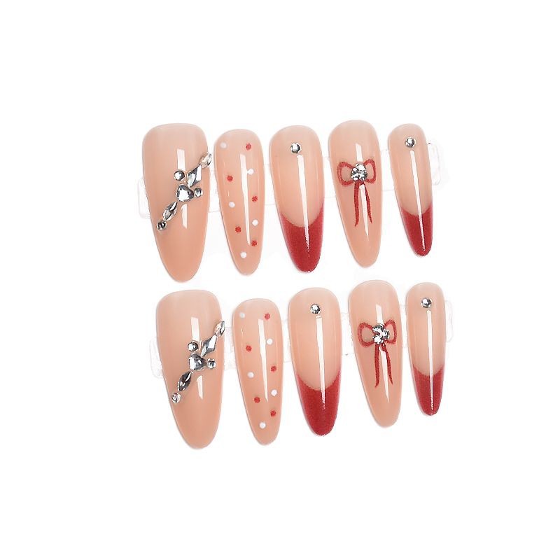 10 piezas de lunares rojo parche de manicura francesa, uñas terminadas al por mayor, desmontables ins de alta calidad, estilo puro, estilo largo