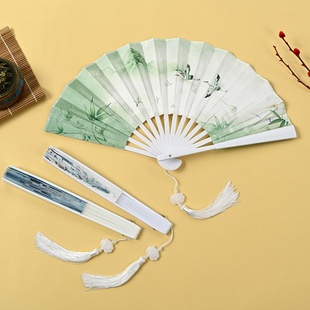 Chinese Style 8 inch plastic fan with tassel pendant antique domineering folding fan Men's Hanfu dance silk cloth fan wholesale