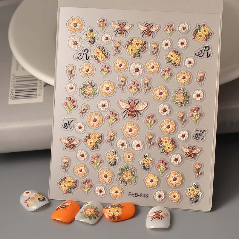 Little Red Book Cartoon Embroidered Flower Nail Art Sticker Small Yellow Flower Bee Stereo Relief Adhesive Nail Sticker Wholesale