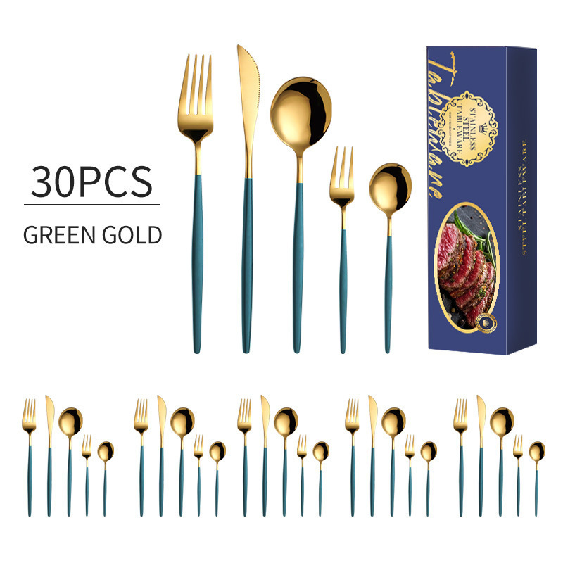 Amazon cubiertos de acero inoxidable transfronterizos set 30 piezas brillante cuchillo y tenedor portugués cuchillo y tenedor de filete de restaurante occidental cuchara