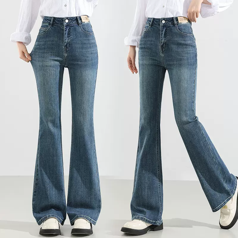 复古水洗高腰喇叭牛仔裤女2025年春季新款修身显瘦马蹄裤微喇裤潮