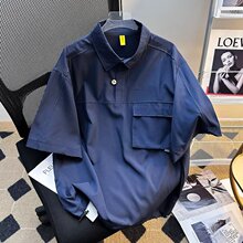 港风日系复古工装polo领短袖衫男高街ins宽松拼接口袋情侣翻领t恤