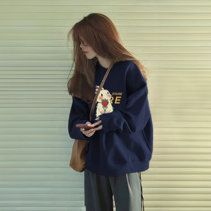 Navy Blue Sweatshirt Women's Round Neck 2025 New Spring and Autum Thin Jacket Autum and Winter Velvet Thickeneded Top Navy Blue Sweatshirt Women's Round Neck 2025 New Spring and Autum Thin Jacket Autum and Winter Velvet Thickeneded Top