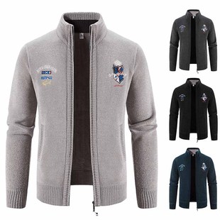 Cardigan sweater men's knitwear autumn and winter New embroidered outerwear fleece-lined thickened stand collar coat Korean fashion outerwear