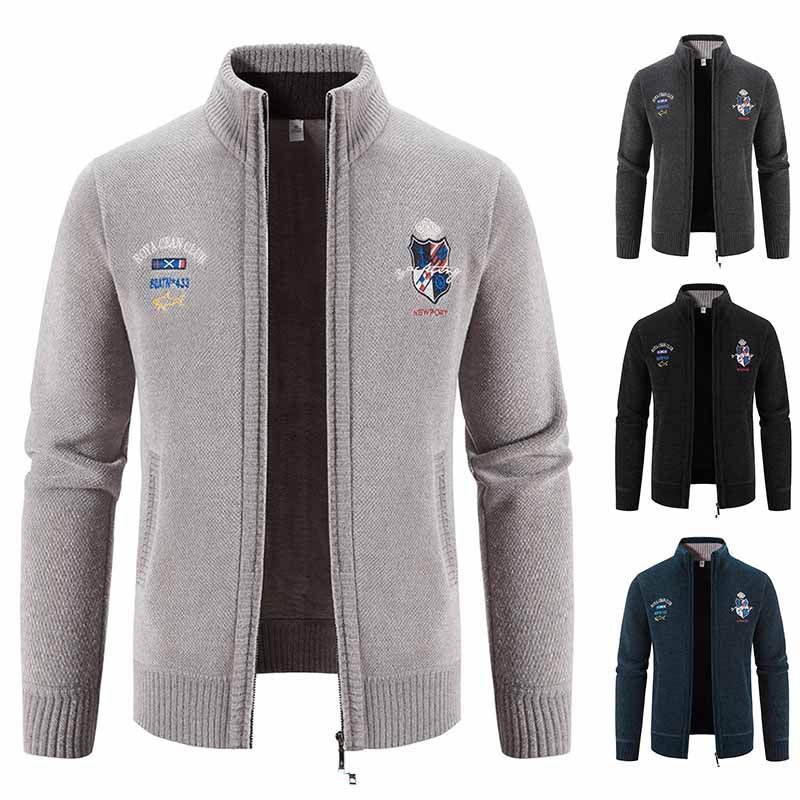 开衫毛衣男针织衫秋冬季新款刺绣外穿加绒加厚立领外套韩版潮外穿