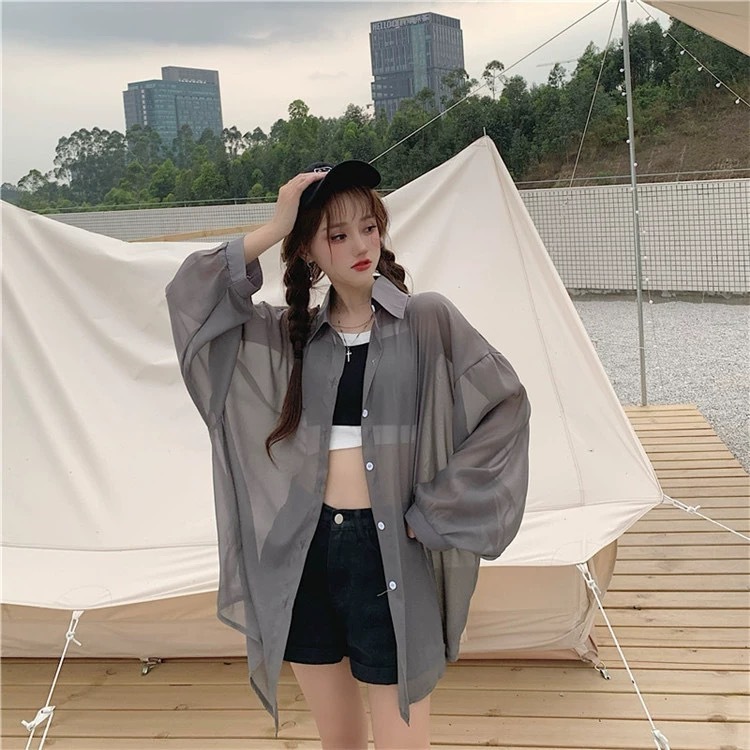 夏季港式宽松防晒衬衫女清新风透气百搭遮阳遮盖薄款外套衬衫上衣|undefined