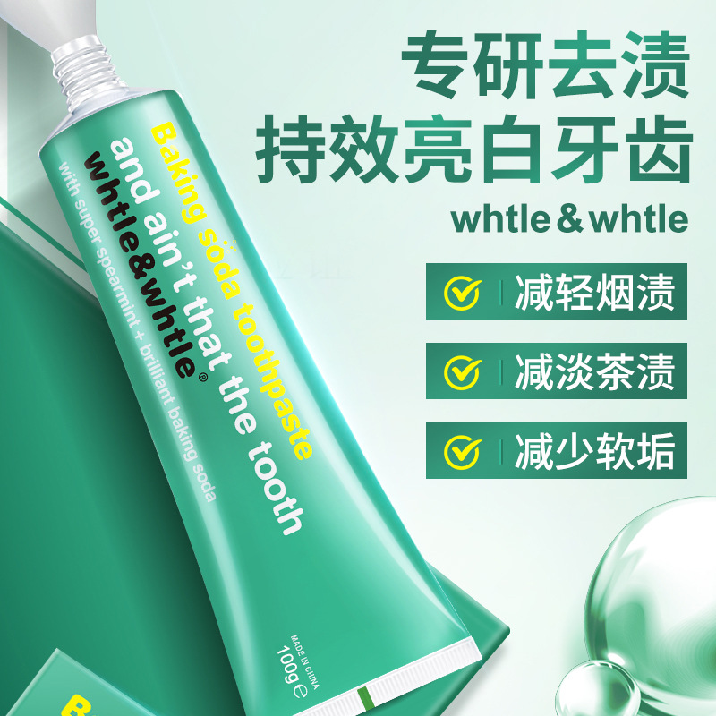 Whtle & whtle pasta de dientes con bicarbonato de soda, menta, aliento fresco, manchas, dientes brillantes, fabricantes genuinos al por mayor 100g