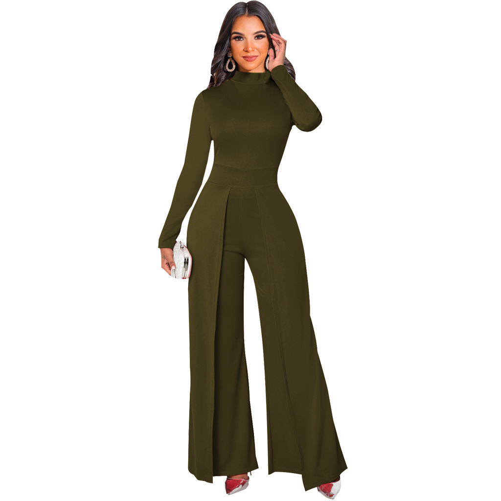 Solid Color Slim Wide Leg Long Sleeve Jumpsuit NSMRF116721