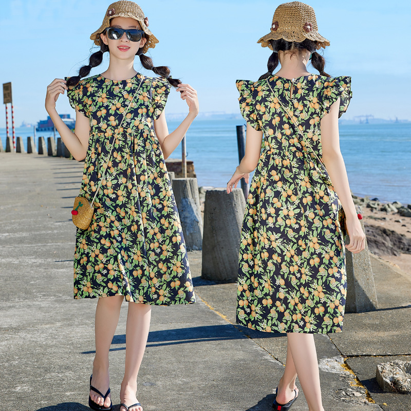 Vestido de niñas verano manga voladora para niños 2024 nuevo verano Corea del Sur ropa para niños vestido de princesa de niña estampado de algodón