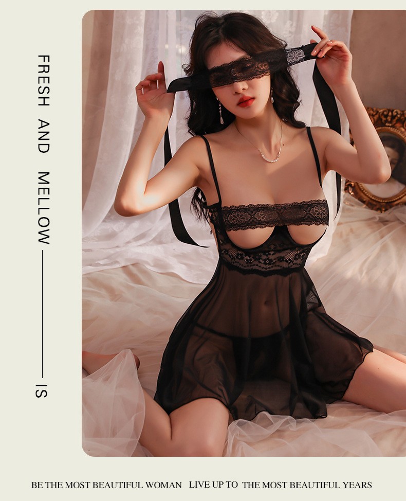 Women’s Sheer Mesh Lace Nightgown with Eye Mask, One Size, White — detail image 3
