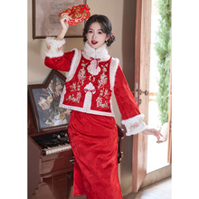 冬季旗袍套装2025新款新中式新年过年战袍红色马甲拜年服秋冬日常