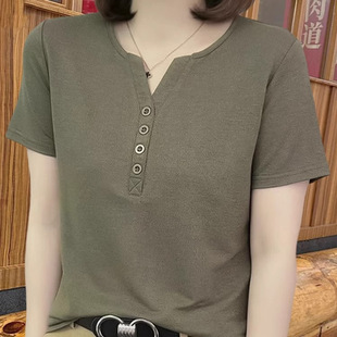 Summer New Style Mom Short-Sleeved T-Shirt for Middle-Aged Women, Stylish V Neck Slimming Look Large Size Age-Reducing Shirt and Elegant Top