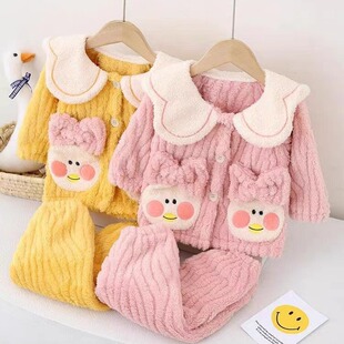 Children's Pajamas Flannel Autumn and Winter Boys and Girls Coral Fleece Thickened Warm Cartoon Cute Foreign Style Home Clothes