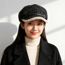 秋冬新款毛绒拼接格子气质时尚保暖显脸小八角帽女韩版文艺报童帽