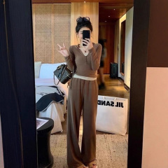 欧洲站假两件休闲衣服女套装春秋季连帽上衣宽松显瘦直筒裤两件套
