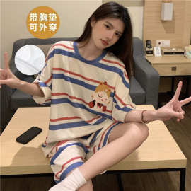 带胸垫睡衣女夏季纯棉短袖短裤甜美卡通加肥加大码薄款家居服套装