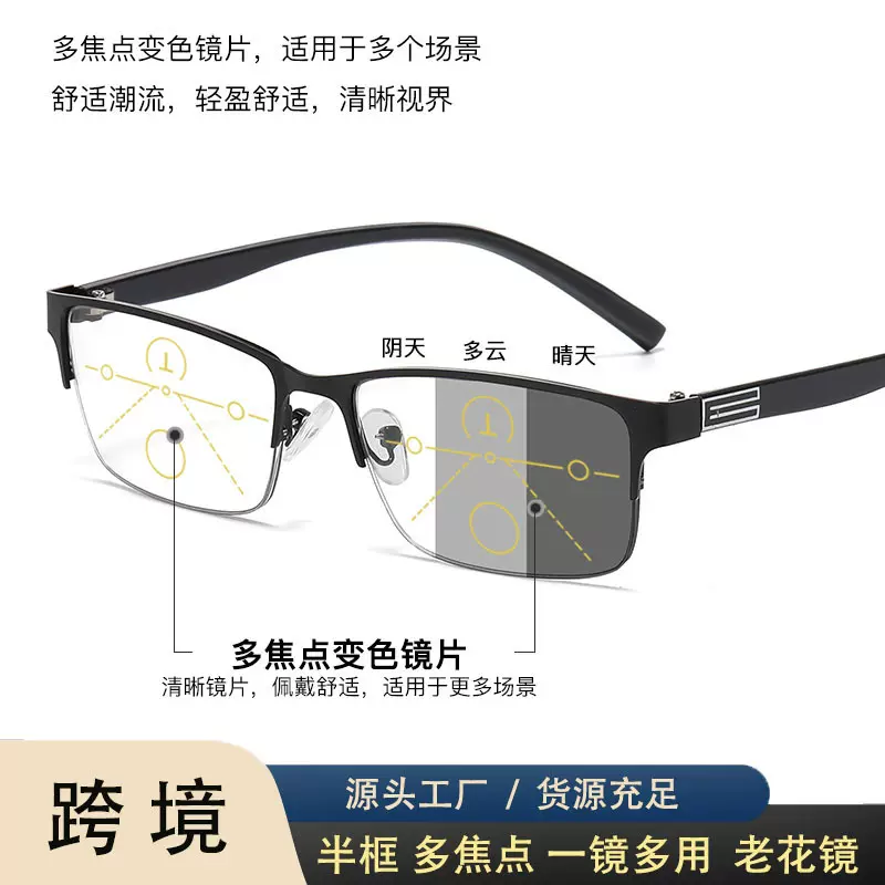 感光变色多焦点老花镜男士半框跨境商务防蓝光眼镜框经典老花眼镜