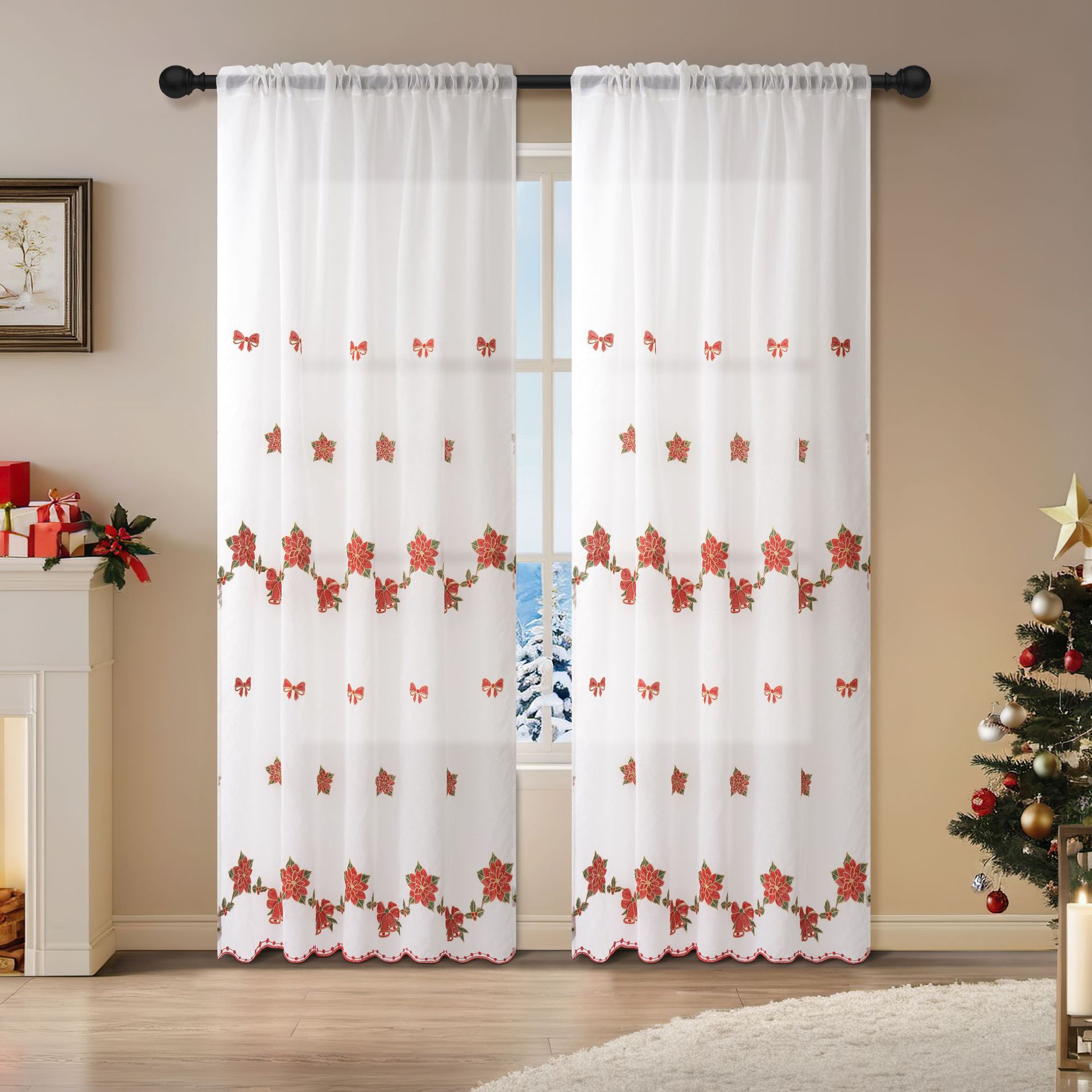Nuevo hilo bordado de Navidad transfronterizo, cortinas de pantalla de ventana opacas, cortinas terminadas de Navidad de Amazon europeas y americanas TEMU