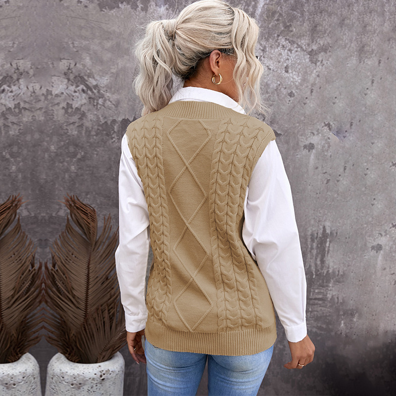 时颖欧美针织马甲背心女亚马逊秋冬新款针织毛线花纹背心套头毛衣