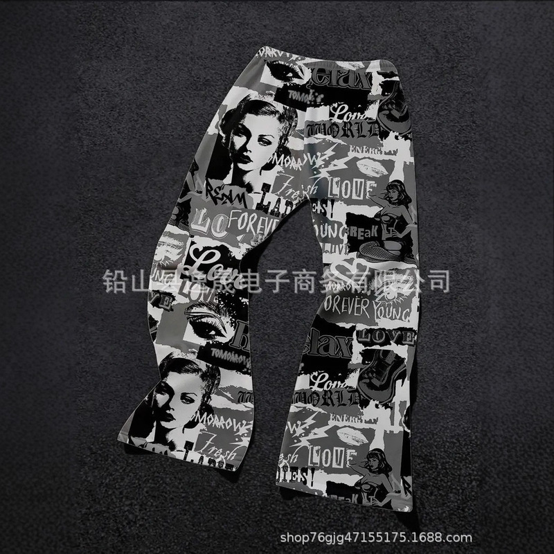 Cross-Border New American Streetwear Y2K Unisex Japanese-Style Pattern Print Anime Graffiti Graphic Straight-Leg Pants