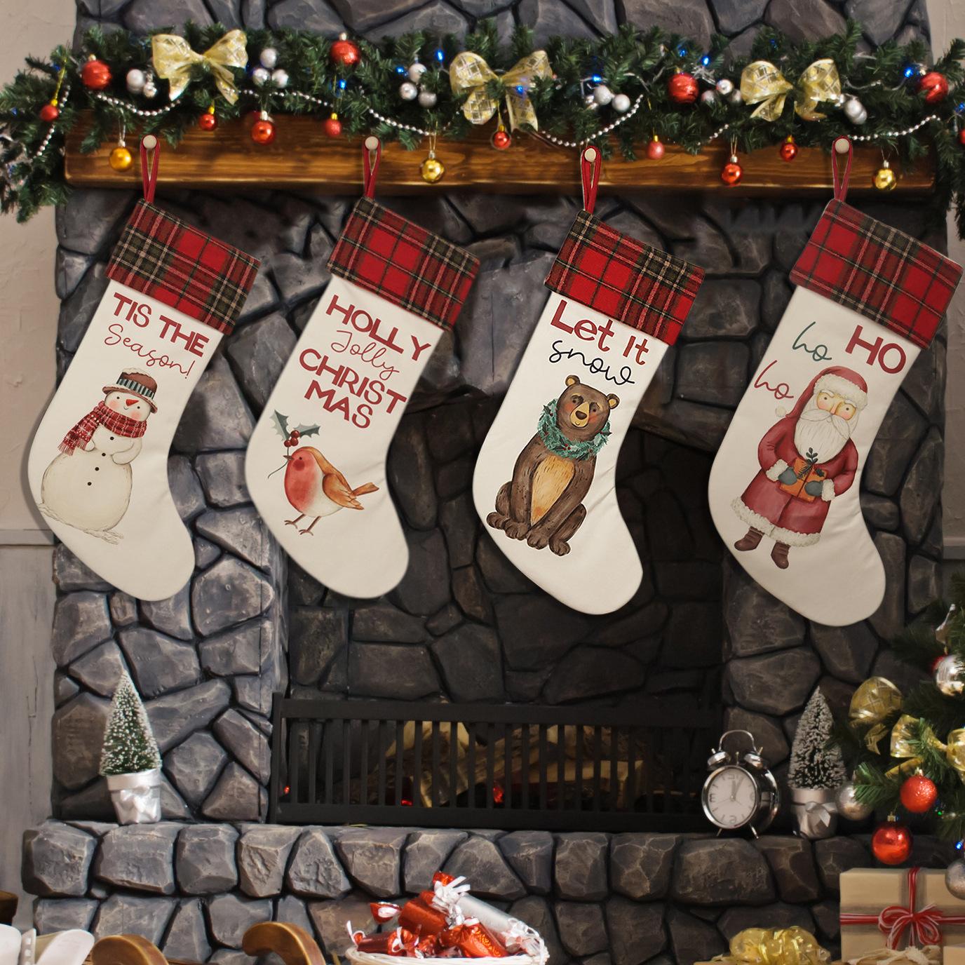 Nuevas bolsas de regalo de medias navideñas transfronterizas Santa Claus muñeco de nieve decoración medias navideñas HOHO medias navideñas