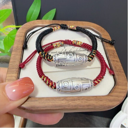 Sterling Silver Nine-Eyed Dzi Bead Bracelet for Men 999 Pure Silver Transfer Beads Niche Design Retro Chinese Style Braided Bracelet
