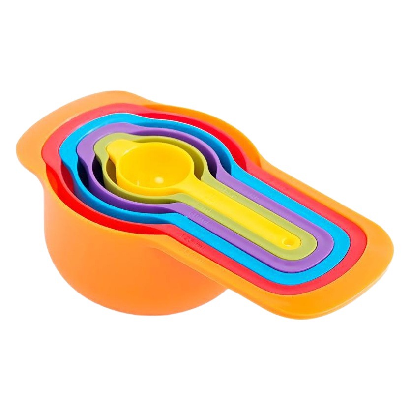 Color directo de fábrica DIY cuchara de medición de plástico Juego de 6 piezas con taza de medición de escala café leche té cuchara de medición herramienta para hornear