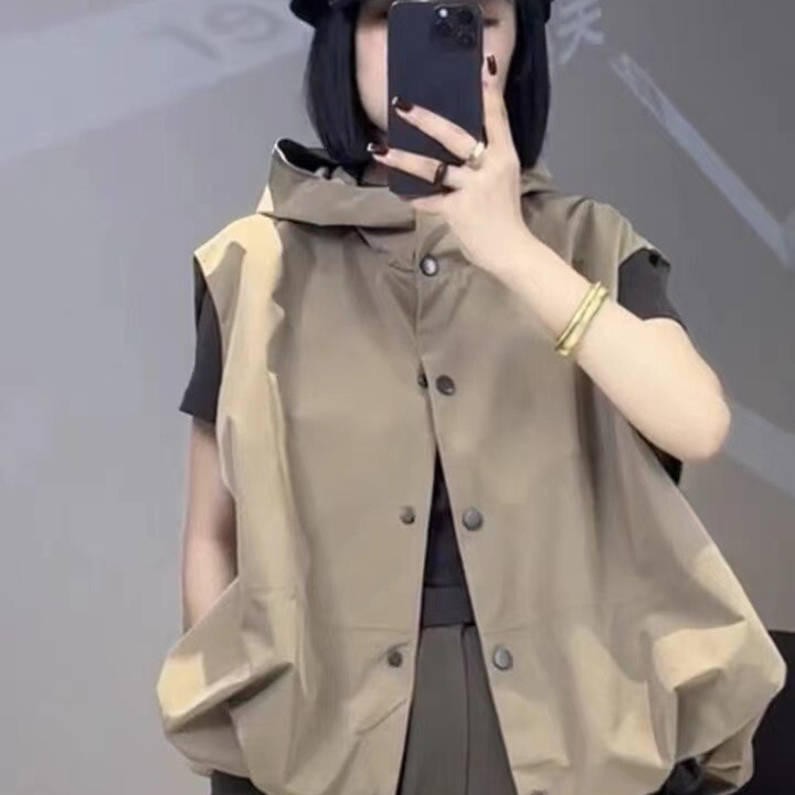 European Station Casual Western Style All-match Sleeveless Pumpkin Hooded Vest Women's Design Loose Drawstring Vest Top Autumn