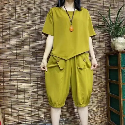 Summer Fashion Casual Set Loose Stylish Top Cropped Pants Two-Piece Comfortable Tummy-Concealing Slimming Whitening