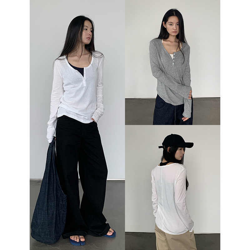 남타오 디자인 감각 헨리넥 긴팔 티셔츠 여성 여름 신상 루즈핏 슬림 시원한 통기성 자외선 차단 상의