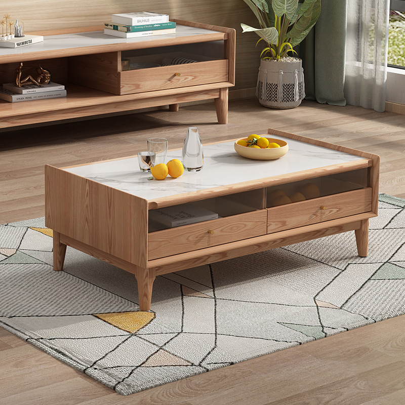 Nórdico Placa de roca de madera maciza mesa de té TV gabinete combinación moderna sala de estar minimalista pequeño apartamento cera blanca madera registro estilo mesa de té