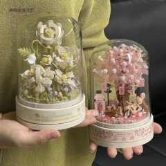 茉莉花积木拼装八音盒系列客厅摆件小颗粒成人版生日礼物送女生