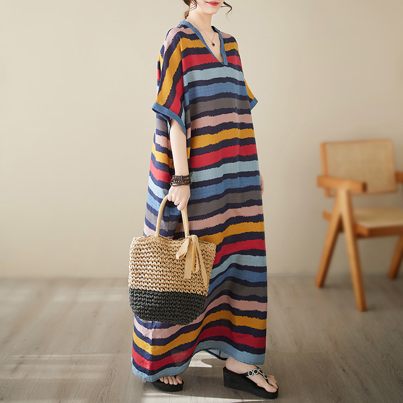 Discount Summer V-Neck Thin Cotton Linen Loose Plus-Size Simple Vacation Style Long Dress Striped Beach Dress Women's Robe Discount Summer V-Neck Thin Cotton Linen Loose Plus-Size Simple Vacation Style Long Dress Striped Beach Dress Women's Robe