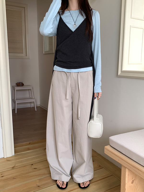 薇颂阔腿休闲裤女2025秋季新款韩版高腰显瘦可调节腰带直筒长裤|undefined