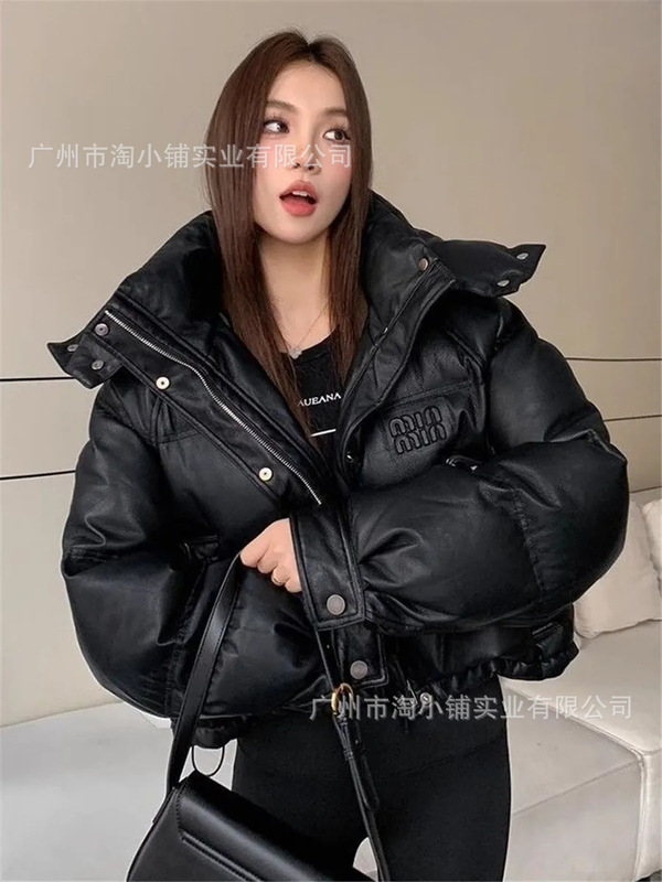 PU皮短款免洗连帽羽绒棉服女2025新款宽松时尚简约美拉德通勤外套|undefined