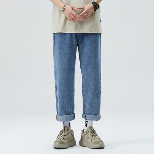 Men's Summer New Casual Fashion Loose American Retro Straight Leg Nine-Degree Pants