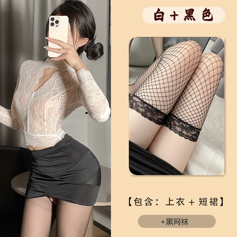 화이트 + 블랙 [탑 + 스커트 + 끈팬티] + 블랙 망사스타킹
